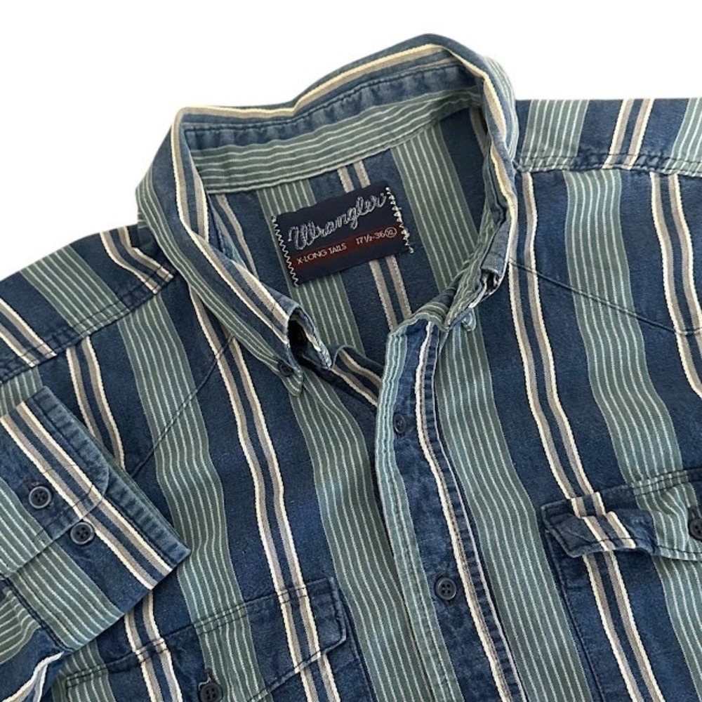 Vintage Wrangler Western Blue Stripe X-Long Tails Long Button Shirt 17.5-36 (XL)